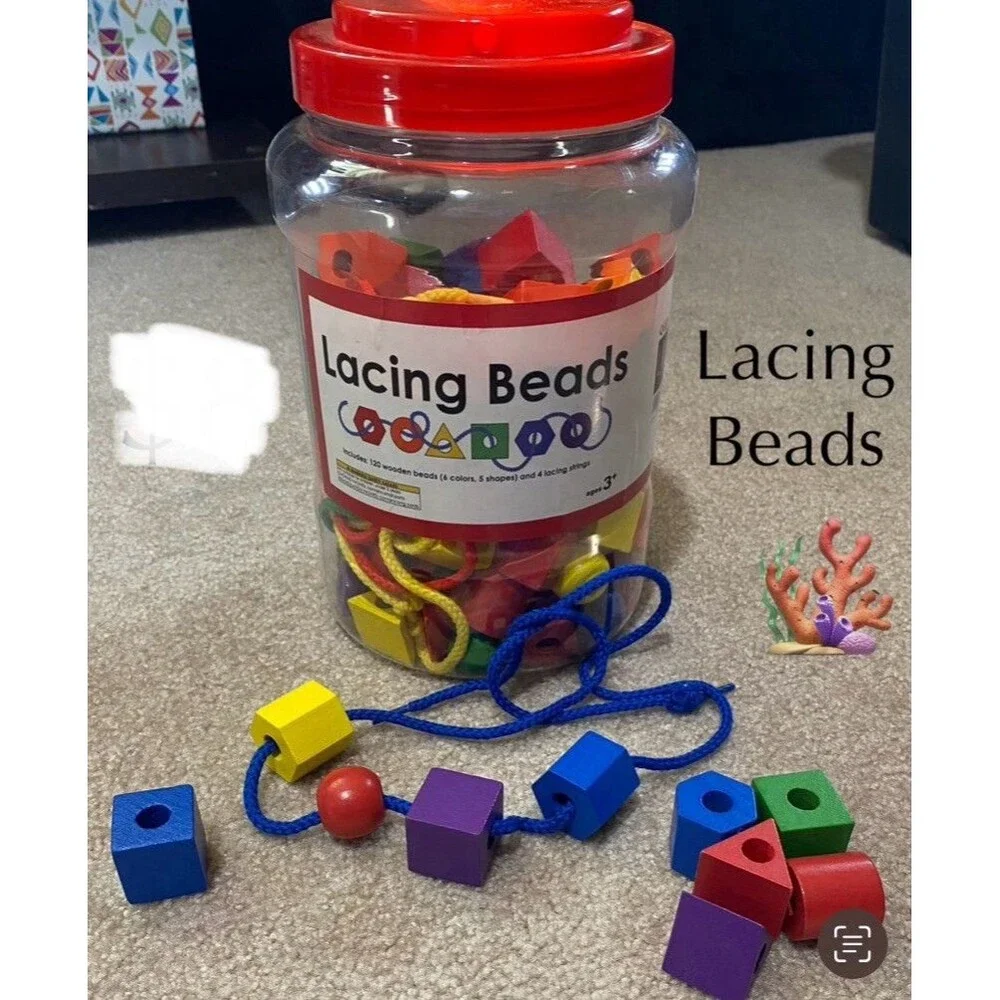 LMC Products Wooden Lacing Beads for Toddlers 110pc Learning Toy Set with Jar